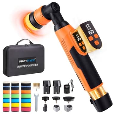 Protmex Mini Buffer Polisher - 12V RO/DA Car Polisher with 8 Variable Speeds - 1.2/1.6/2 Inch Orbital Polisher Machine with 22 Pads - Cordless Mini Polisher for Car Detailing Polishing Waxing, Short