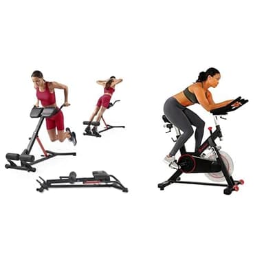 Sunny Health and Fitness Unisex's Station Hyperextension Roman Chair with Dip Station, Black + Indoor Cycling Wheel with Magnetic Belt Drive, 136kg Max Weight, 20kg Flywheel, Pedal Hook
