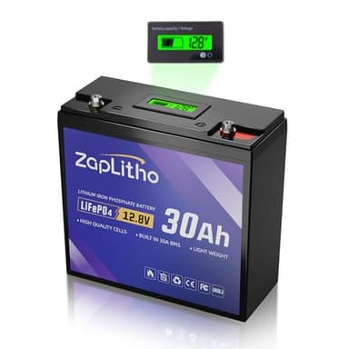 ZapLitho 12V 30Ah LiFePO4 Lithium Battery with Mini Voltmeter, 30A BMS, Deep Cycle Grade A Cells, Lightweight Lithium Iron Phosphate Battery for Ham Radio, Fish Finder, Solar, Scooters, Ride On Toy