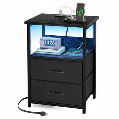Fixwal Night Stand with Charging Station, LED Nightstand with U-S-B Ports and Outlets, 2 Fabric Storage Drawers with PU Finish, Small Bedside Table, Black