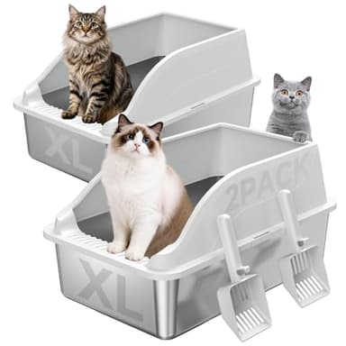 2PACK Stainless Steel Litter Box, Extra Large XL Odor Free Metal Litter Box with High Sides, Open Top Litter Pan Include Scoop Easy Cleaning Anti-Scratch Kitty Cat Box Anti-Urine Leakage, Non-Sticky