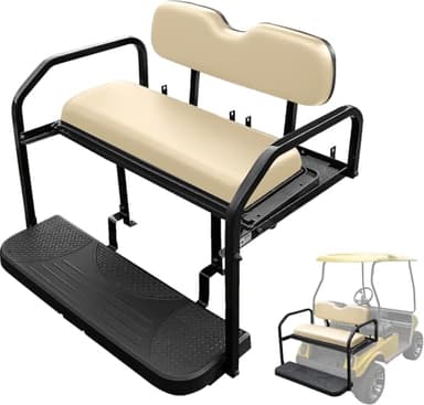 NOKINS Golf Cart Rear Seat Kit, Back Flip Seat for Club Car DS, 1.25-Inch Square Steel Frame, Integrated Seat Belt Mounts, UV-Resistant, High-Density Foam Padding(Beige)