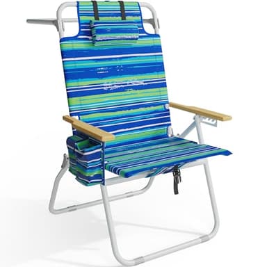Tall Beach Chairs for Adults, 17" High Backpack Beach Chair with Wooden Armrests, 5 Positions Reclining Heavy Duty Chair with Large Cooler Pouch, Support to 350LBS Striped Blue&Green,1pack