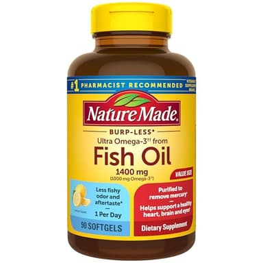 Nature Made Burp Less Ultra Omega 3 Fish Oil Supplements, 1400mg Fish Oil Omega 3 Supplements as Ethyl Esters for Healthy Heart Brain Eyes Support, One Per Day, 90 Softgels