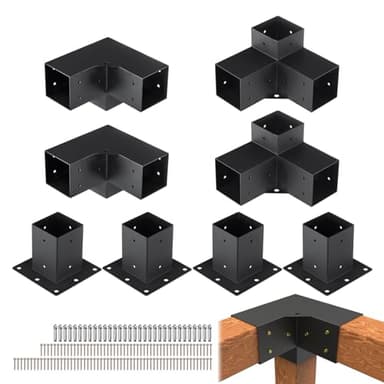 VEVOR Pergola Bracket Kit 4''x4''(Inner 3.6x3.6), 8pcs (4pcs 3-Way,4pcs Base) Corner Bracket Woodworks DIY Post Base Kit, Easy Installation Wooden Beams for Gazebos, Patio Pergolas, Log Cabin Outdoor
