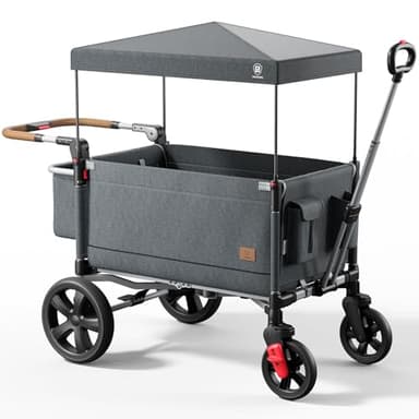 EVER ADVANCED Side-unzip Wagon Stroller for 2 Kids, Push Pull Stroller with Adjustable Handle, Easy Access Front Zipper Door, 5-Point Harness Removable UV-Protection Canopy Shock-Absorbing Wheels,Grey