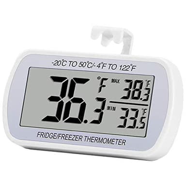 Refrigerator Thermometer Digital Fridge Freeze Room Thermometer Waterproof Large LCD Display Max/Min Record Function, White