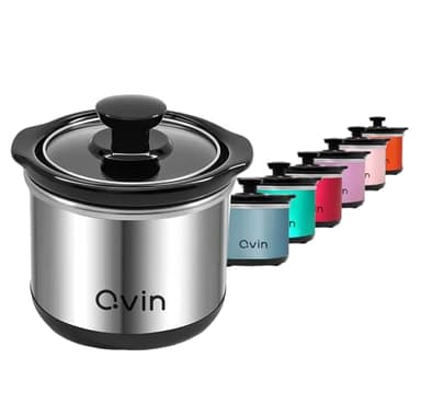 0.65-qt Mini Slow Cooker, Fondue Melting Pot Warmer with Diswasher-safe 20Oz Stoneware Crock, Feeds 1-2people, Great for Small Meals, Sauce, Stews & Dips, Glass Lid, Stainless Steel and black,Round