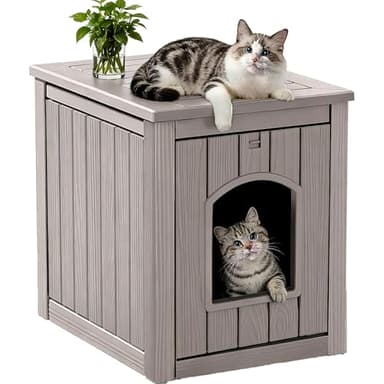 LHBcraft Cat Litter Box Enclosure, Hidden Litter Box Furniture, Feral Clawsable Cat Houses for Outdoor Indoor Cats Shelter, Sturdy Resin Material for Living, Patio, Easy to Assemble, Grey
