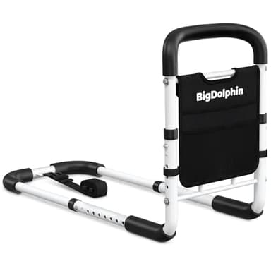 BigDolphin Bed Rails for Elderly Adults - ASTM Approved Adjustable Bed Cane with Non-Slip Ergonomic Handle & Storage Pocket, Bed Railings for Seniors Hold up to 350 LBS, Tool-Free