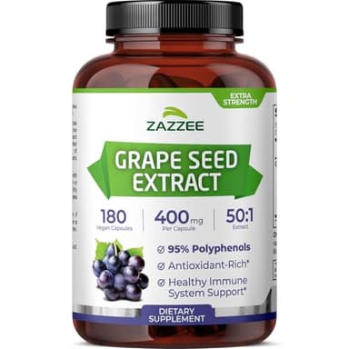 Zazzee High Strength Grape Seed 50:1 Extract, 180 Vegan Capsules, 95% Polyphenols, 400 mg per Capsule, 6 Month Supply, Antioxidant, Circulation & Blood Flow Support, Non-GMO, Made in the USA