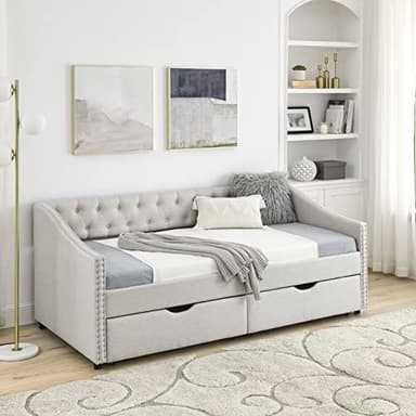 SmartDer Wood Twin Daybed, Day Bed Frame with 2 Storage Drawers, Upholstered Twin Bed Frame Sofa Couch with Button and Nailhead Design for Bedroom Guest Room, No Box Spring Needed, Beige