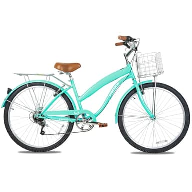 WEIZE Beach Cruiser Bike, 26 inch Commuter Bicycle for Adult Men and Women, 7-Speed/High-Carbon Steel/Front & Rear Fenders, Comfortable City Bikes with Rear Rack&Basket, Ergonomic Upright Design,Teal