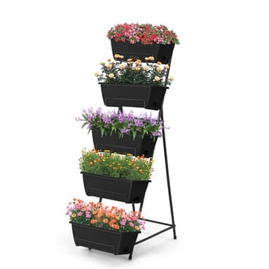 5 Tier Vertical Raised Garden Bed Planter Box, Vertical Raised Bed with Drainage Holes for Indoor Outdoor Herbs Flowers Vegetables Plants, Black