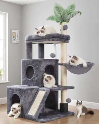 Gitelsnour Cat Tree for Indoor Cats Large Adult, Heavy Duty Cat Tower for Big Cats, Cat Tree House with Self Groomer Brush, Big Padded Top Perch, Scratching Post, Hammock, Smoky Gray GCT012G