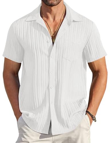 COOFANDY Men's Summer Linen Shirts Short Sleeve Button Down Shirts for Men Fashion Beach Casual Shirt A-White