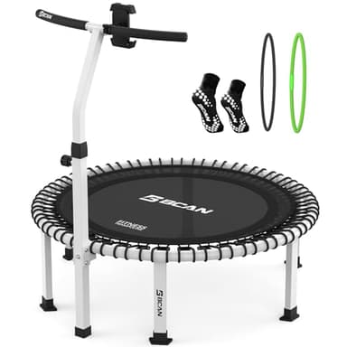 BCAN 40" Soft Land Pro Fitness Rebounder Trampoline, 500 lb Capacity, Adjustable Tension Bungees, One-Piece Frame (16 Gauge), Quiet Indoor Cardio w/Handle, Phone Holder & 2 Pairs Socks, White