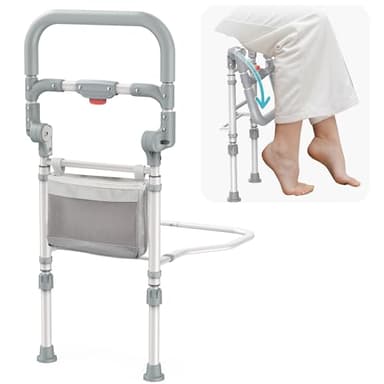 inkolelo Bed Rails for Elderly Adults Safety Foldable Bed Side Assist Rail for Seniors with Storage Pocket, Adjustable Height Bedrails for Queen King Full Size Bed, 400 Lbs