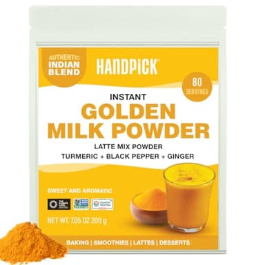 HANDPICK Golden Milk Powder with Turmeric - (7oz, 80 servings) Instant Latte Mix | Blend of Ginger, Black Pepper and Curcumin