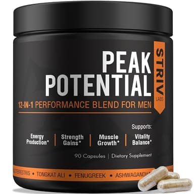 STRIVLABS Peak Potential 12-in-1 Testosterone Support for Men – Natural Strength, Energy & Muscle Builder with Tongkat Ali, Ashwagandha & Fenugreek – 90 Capsules