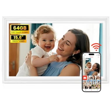 BIGASUO Digital Picture Frame 15.6" Frameo 64GB Large WiFi Electronic Photo Frames 1920 x 1080 IPS FHD Touch Screen Share Moments Instantly Anywhere Best Gifts for Parents and Grandparents White