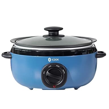 ICOOK USC-65-OP001BL 6.5 Quart Slow Cooker,Aluminium Sear/Sauté Stew Pot Stovetop safe,Dishwasher Safe,Glass Lid,Adjustable Temp,Food Warmer(Blue)