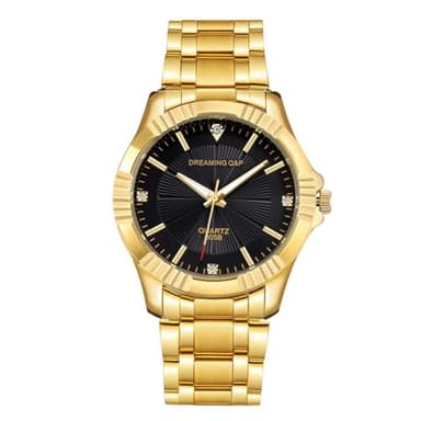 DREAMING Q&P Gold Stainless Steel Men's Casual Watches - fq005 IP Plating Quartz Dress Wristwatches for Man, Black Face