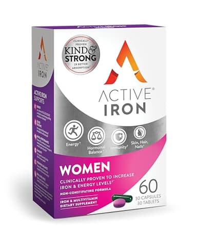 Active Iron Supplement 25mg + Multivitamin for Women – Clinically Proven to Increase Energy & Reduce Tiredness – Gentle, Non-Constipating Iron + Women’s Multivitamin – 30 Capsules + 30 Tablets
