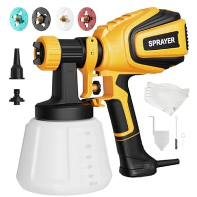 VONFORN Paint Sprayer, 700W HVLP Spray Gun with Cleaning & Blowing Joints, 4 Nozzles and 3 Patterns, Easy to Clean, for Furniture, Cabinets, Fence, Walls, Door, Garden Chairs etc. VF803 Yellow