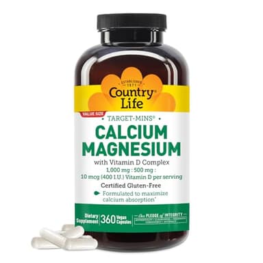 Country Life Target-Mins Calcium Magnesium with Vitamin D-Complex, 1000mg/500mg/10mcg, 360 Vegan Capsules, Certified Gluten Free, Certified Vegan, Verified Non-GMO Verified…