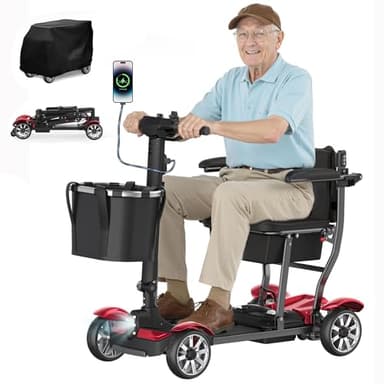 4 Wheels Mobility Scooters for Seniors,39LBS Light Frame&350LBS Capacity&30 Miles Travel Range&270W Brushless Motor Powered Wheelchair Folding Electric Scooter&LED Lights&Dust Cover&Auto Brake-(Red)