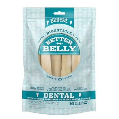 Better Belly Highly Digestible Rawhide Dental Chews, Treat Your Dog to a Chew with NO Artificial Colors or Flavors, 10 Count
