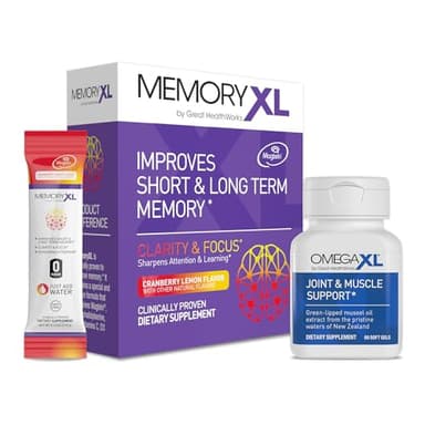 OmegaXL Joint Support Supplement, for Relief - Natural Muscle Support, Green Lipped Mussel Oil, 60 Count & MemoryXL, Magnesium L-Threonate: Brain Supplement for Memory & Focus Cranberry Lemon 30 Pack