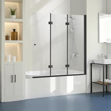 VEVOR Bathtub Shower Door, 51" W x 56" H, Frameless Foldable Hinged Shower Door, Tri-Fold Shower Glass Door with 1/4 in Tempered Glass Door, 180°Rotating and Folding Design, for Bathtub, Black