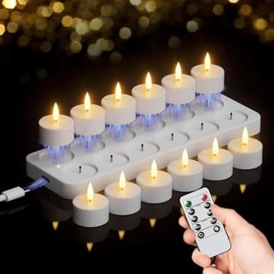 GenSwin 12 Rechargeable Tea Lights Candles with Charging Base and Remote Timer, Flameless LED Tealight Candles Battery Operated Halloween Fall Wedding Table Centerpieces (1.57” x 1.85”)