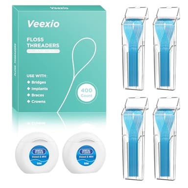 Floss Threaders 400 Count/4 Pack, with 2 Pack of 50M Mint-Flavored Waxed Dental Floss, for Braces, Bridges, Implants, Permanent Retainer