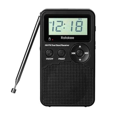 Ratakee AM/FM Radio, Battery Operated Portable Radio with Clock, Preset, Sleep Timer and Battery Backup for Yard Work, Walking, Camping, Jogging, Fishing, Handheld Size, 3 AA Battery Powered (Black)