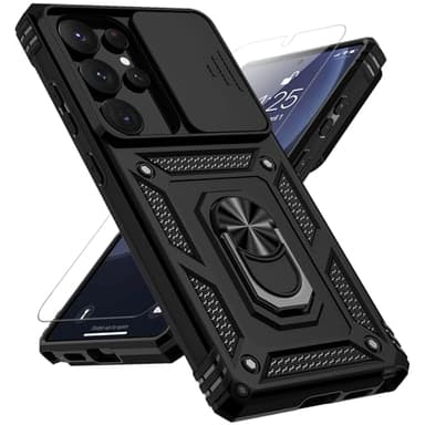 for Samsung Galaxy S25 Ultra Case with Slide Camera Cover HD Screen Protector [Military Grade Drop Tested] Magnetic Ring Holder Kickstand Protective Phone Case for Samsung Galaxy S25 Ultra 2025, Black