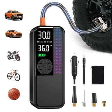Tire Inflator Portable Air Compressor, 150 PSI Cordless Air Pump, Dual Power 6000mAh, 12V DC Car Plug, Fast Inflation 24L/Min, Auto Shut-Off, LED Light, 4 Preset Modes for Car, Bike, Motorcycle, Balls
