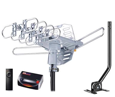 PBD Amplified Outdoor TV Antenna with 360° Motorized Rotation, UHF/VHF Long-Range Reception, Remote Control, Mounting Pole & 40FT RG6 Cable, Dual TV Outputs, Supports 4K/1080P Smart & Older TVs