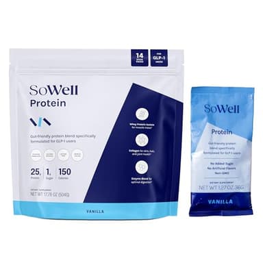 SoWell GLP-1 Protein Vanilla Powder with Whey Collagen and Digestive Enzymes for Muscle Mass, Skin, Hair, Nails and Digestion Support, 14 Stick Packs