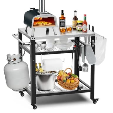 M METERXITY Stainless Steel Pizza Oven Table for Ooni, 650lbs Outdoor Grill Cart with Wheels and Handle, 32"x 24" Three-Shelf Food Prep Cart for Griddle, Movable Outdoor Pizza Cart