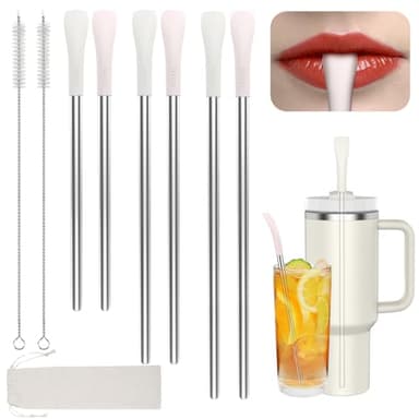 OUTXE Anti Wrinkle Straw 6 Pcs, Flat Wide Drinking Straw for Stanley Cup 40 oz 30 oz, Reusable Wrinkle Free Long Stainless Steel Metal Straw for Lip with Cleaning Brush and Carrying Bag