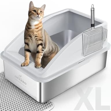 Stainless Steel Litter Box | XL Enclosed Cat Litter Boxes with Lid for Big Cats | High Sided, Anti-Urine Leakage | Non-Stick Bottom & Includes Litter Mat & Metal Scoop