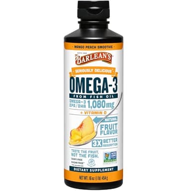 Barlean's Mango Peach Omega 3 Fish Oil Liquid Supplement with Vitamin D, 1080mg EPA & DHA Fatty Acid, Smoothie Flavored & Burpless for Brain, Joint, & Heart Health, 16 oz