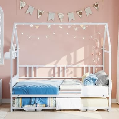 LIKIMIO Daybed with Trundle, House Bunk Twin Bed Frame with Storage,Day Sofa Bed for Living Room, Bedroom and Guest Room,White