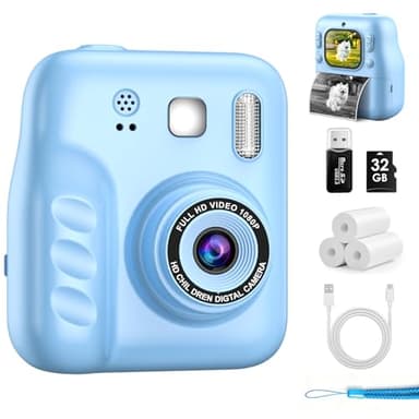 Kids Instant Print Camera, 1080P HD Kids Camera Instant Print, Includes 32GB SD Card, Adapter & 4 Paper Rolls,Christmas or Birthday Gift for Girls Boys Age 3-12（Blue）