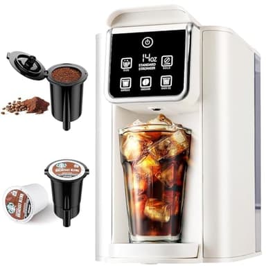 KIDISLE Hot & Iced Coffee Maker with Bold Setting, Single Serve Coffee Maker for K Cup and Grounds, 6-14 Oz Brew Sizes, 50 Oz Removable Water Tank, One Cup Coffee Machine with Reusable Filter, White
