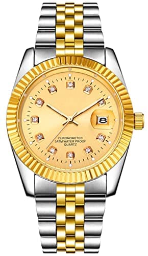 Men's Fashion Classic Design Analog Quartz Watches Casual Business Stainless Steel Waterproof Date Wrist Watch Men (Gold Silver)