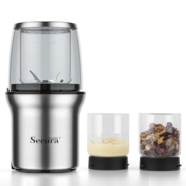 Secura Brands Coffee Grinder Electric Spice Herb Seeds Grinder with Two Glass Bowl, Dry and Wet Grinder